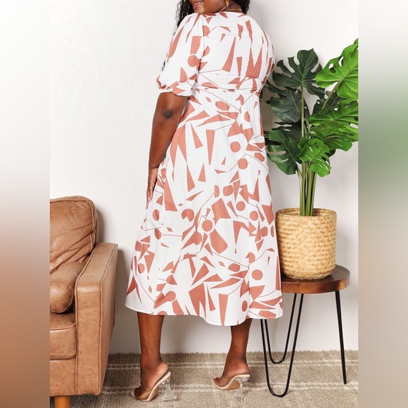 Double Take Printed Surplice Balloon Sleeve Dress